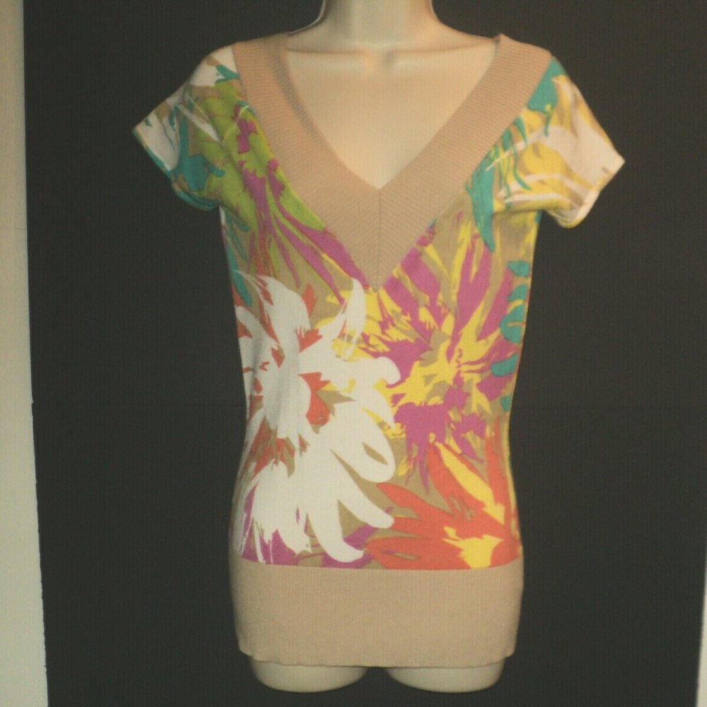 Cache Women's Size Small Knit Top Abstract Floral Cap Sleeves Stretchy Abstract